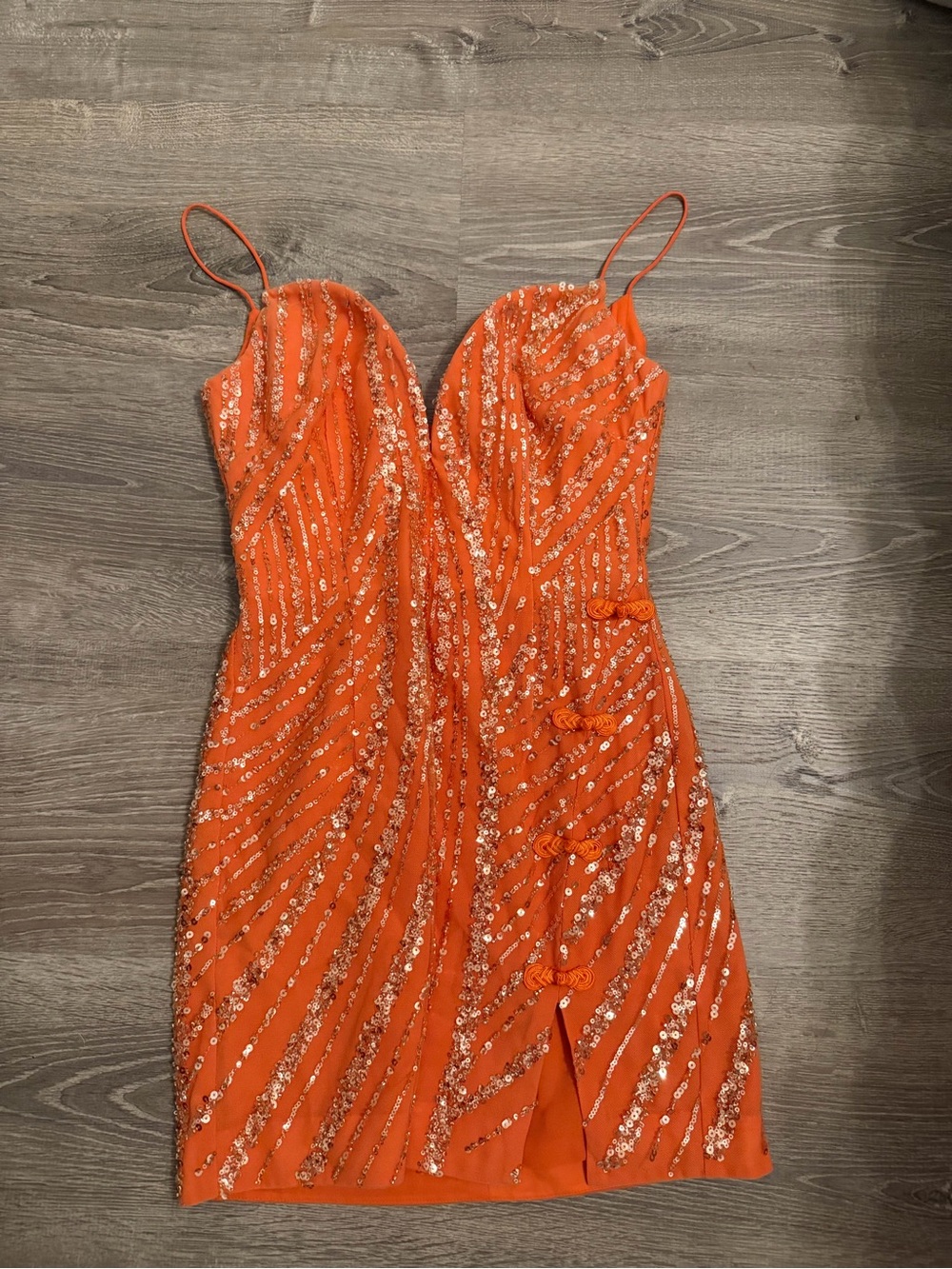 Sequin-Embellished Orange Mini Dress with Spaghetti Straps